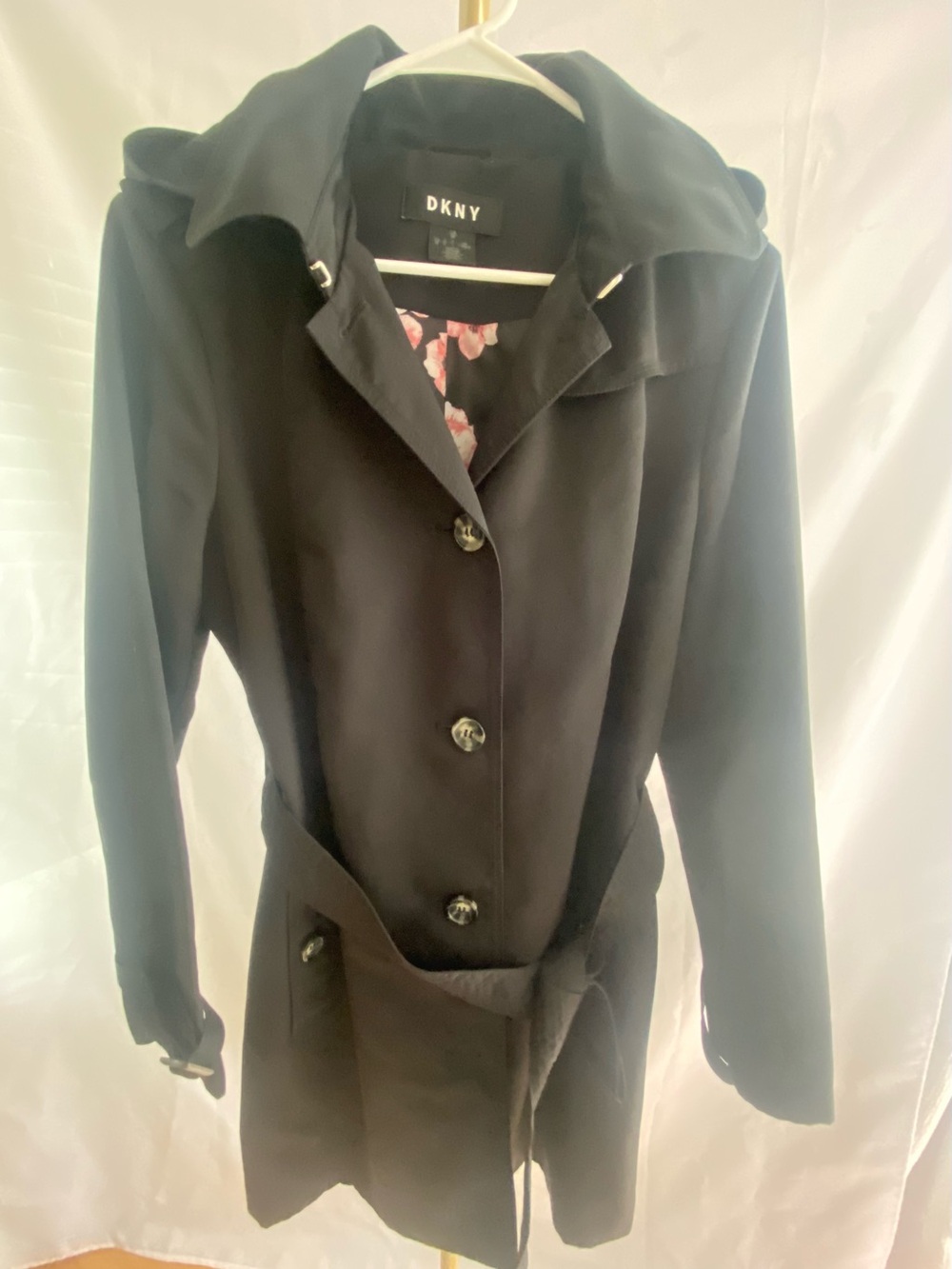 DKNY Black Women's Trench Coat with Belted Waist and Hood
